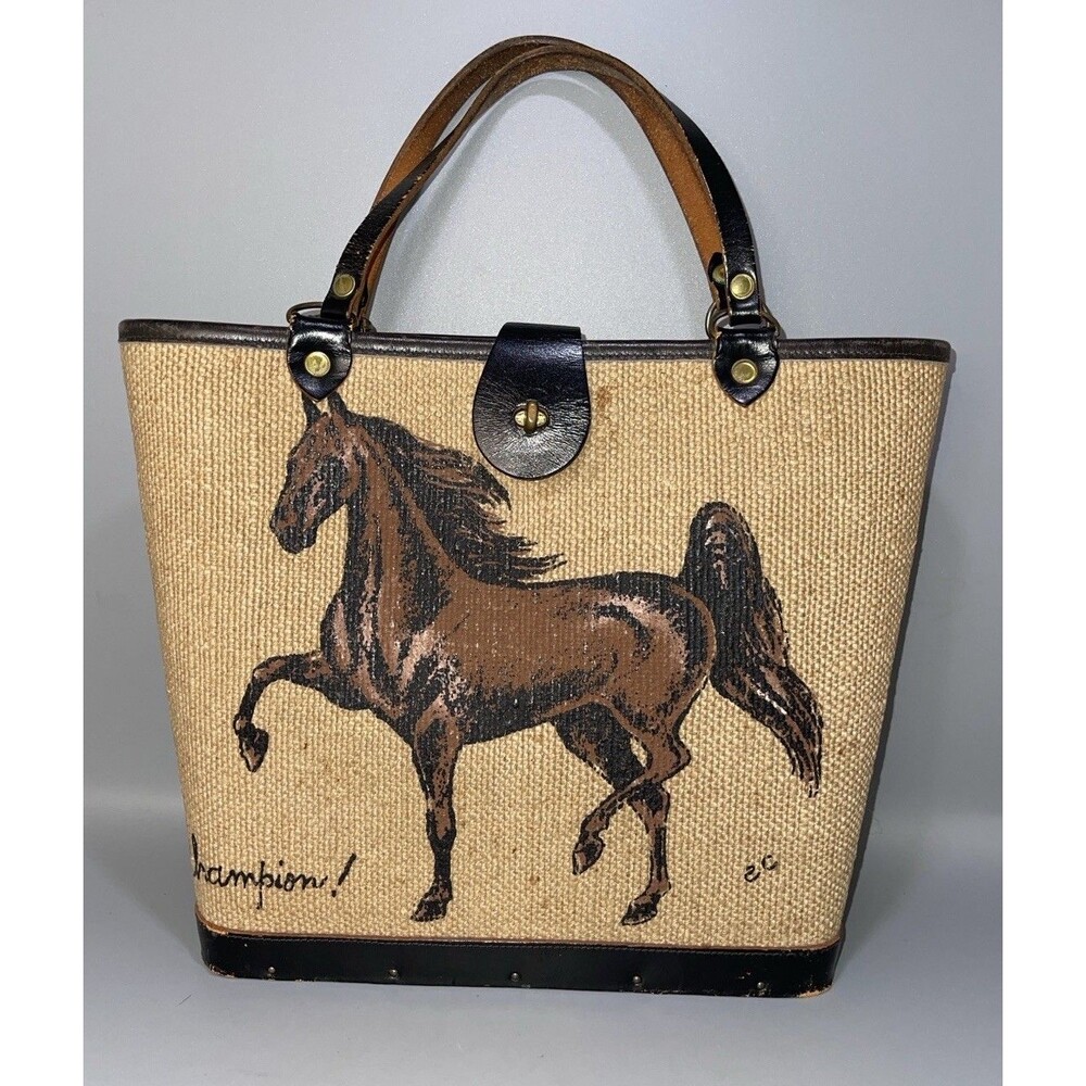 Vtg 60s Collins of Texas Leather Canvas Handbag Purse Equestrian Titled Champion